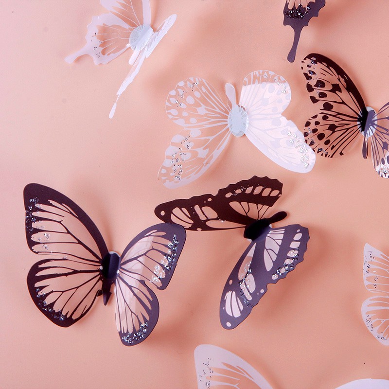 Set 18 nhãn dán họa tiết bướm 3D màu trắng&đen trang trí tường