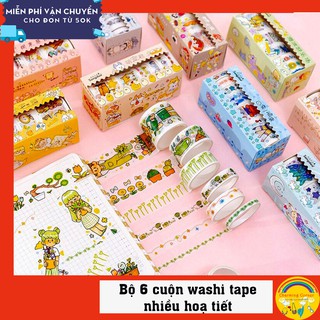 Washi Tape băng dính trang trí bộ 6 cuộn đủ kích cỡ nhiều hình xinh xắn
