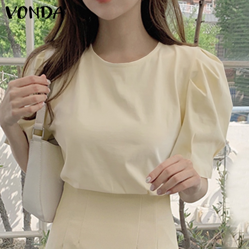 Áo kiểu VONDA tay ngắn cổ tròn màu trơn phong cách Hàn Quốc thời trang mùa hè cho nữ
