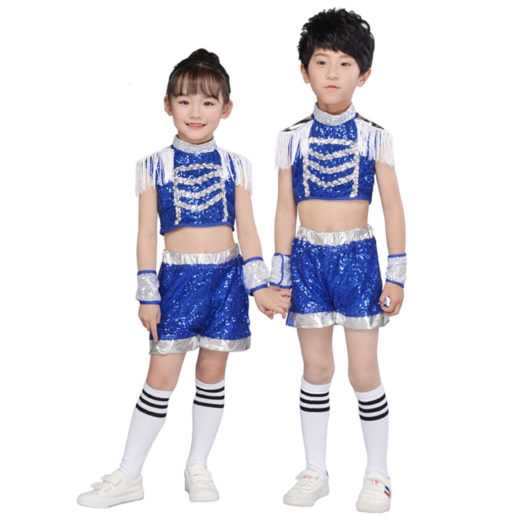 Bộ đồ trình diễn phối tua rua đính kim sa màu xanh dành cho unisex