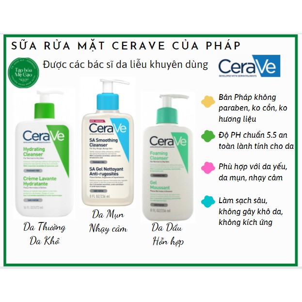 (Đủ bill Pháp) SỮA RỬA MẶT CERAVE BẢN PHÁP ĐỦ LOẠI ĐỦ SIZE-DA DẦU MỤN DA KHÔ