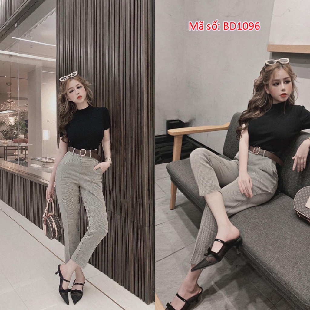 BD1096 SET BỘ ÁO THUN PHỐI QUẦN TÂY CARO CÔNG SỞ KÈM BELT Có size lớn XXL