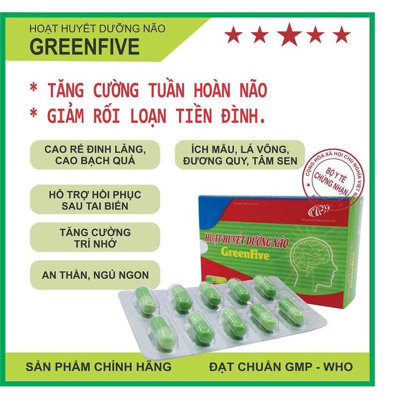 Hoạt huyết dưỡng não GreenFive tăng cường tuần hoàn mãu não hỗ trợ giảm rối loạn tiền đình, giảm di chứng sau tai biến