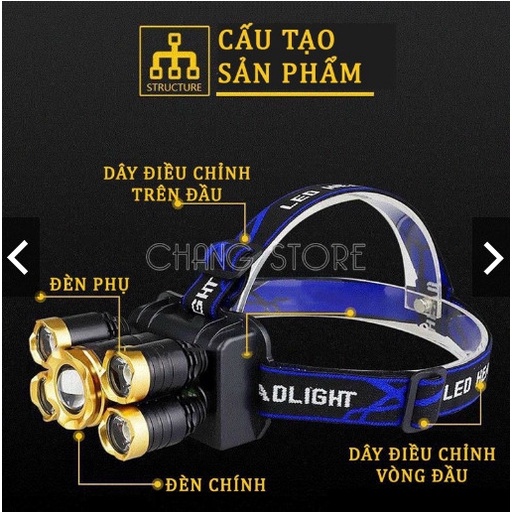Đèn Pin Đội Đầu Đeo Trán 5 Bóng Siêu Sáng Kèm Pin Sạc Siêu Tiện Lợi