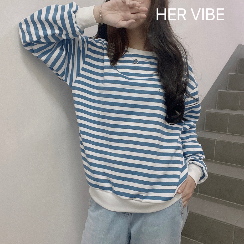 Áo hoodie nỉ nữ form rộng unisex kẻ sọc ngang đen và xanh thun dài tay phong cách Hàn Quốc Her Vibe | BigBuy360 - bigbuy360.vn