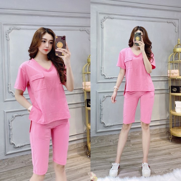 Bộ Đồ Nữ Thun Cotton Cao Cấp Quần Lửng Áo Cổ Tim Ngắn Tay Xẻ Tà Cá Tính Mẫu Mới 2020