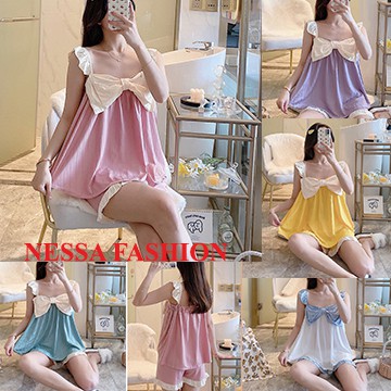 Bộ Đồ Ngủ Nữ Mặc Ở Nhà - PIjama Quần Áo Ngủ Hai Dây Cộc Tay Đi Chơi Mùa Hè Xinh Thắt Nơ Dáng Hàn Quốc BĐN26