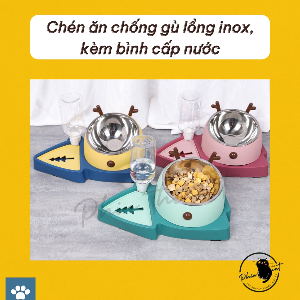 [Ảnh thật] Chén ăn chống gù, lồng inox, kèm bình cấp nước - Dễ tháo lắp vệ sinh, bảo vệ cột sống Boss yêu | phinthecat