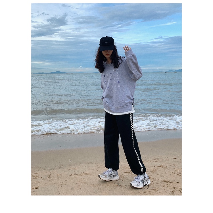 Quần Dài Lưng Cao Ống Rộng Họa Tiết Sọc Caro Phối Dây Rút Phong Cách Hàn Quốc Thời Trang Cho Nữ