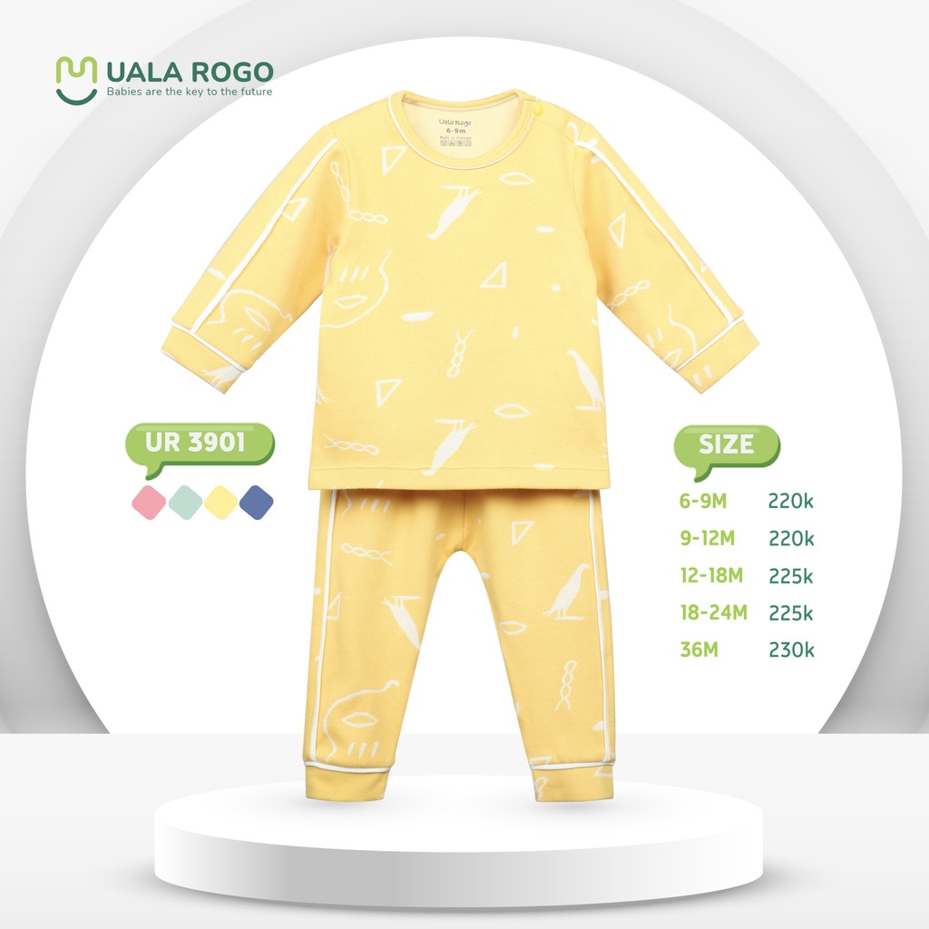 Bộ Uala Rogo dài tay cotton cài vai họa tiết ký hiệu cao cấp thấm hút tốt cho bé trai bé gái 3901