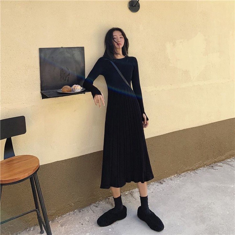 Váy len dáng xoè cổ tròn vải đẹp dáng chuẩn 2021