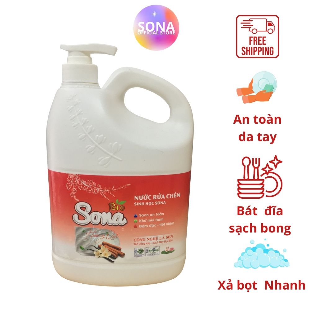 Nước rửa bát hương Quế/Dừa SONA1,6kg đánh bay mọi vết bẩn nhà bếp, sạch nhanh, ko nhớt, an toàn cho da tay