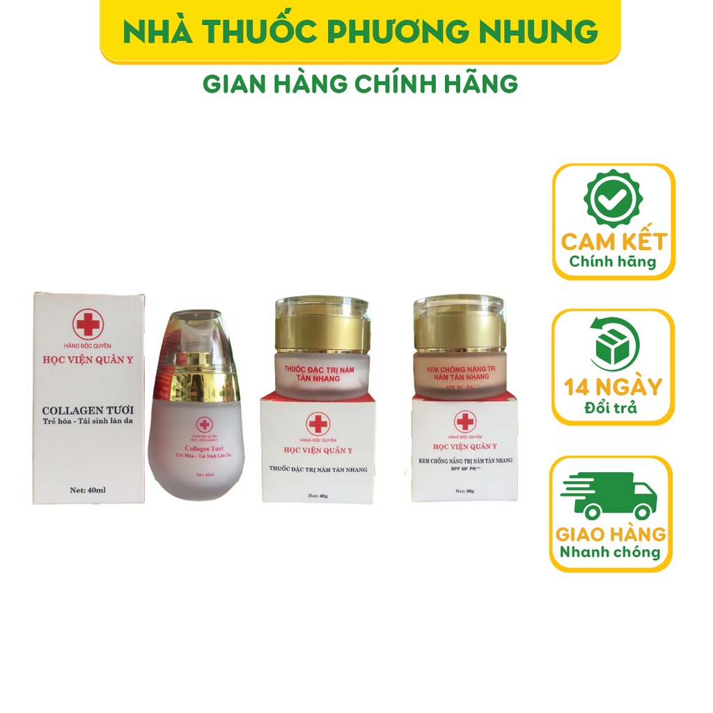 Combo 3 Sản Phẩm Ngừa Nám Trắng Da Học Viện Quân Y (Collagen Tươi 40ml - Kem Ngừa Nám 40g &amp; Kem Chống Nắng 20g)