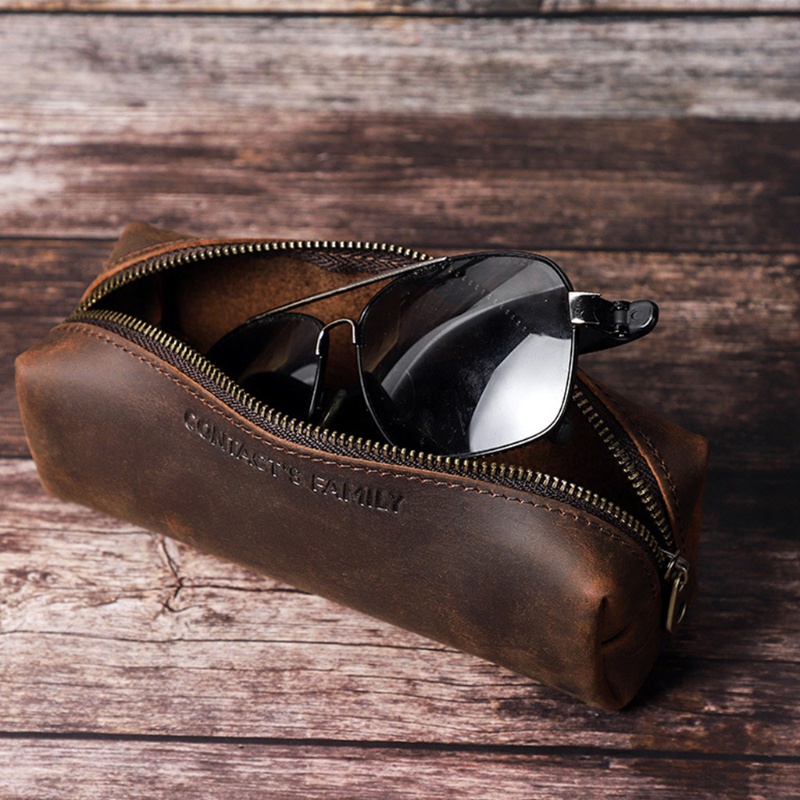 Túi Đựng Bút Bằng Da Bò Thật Hình Vuông Có Khóa Kéo Phong Cách Vintage