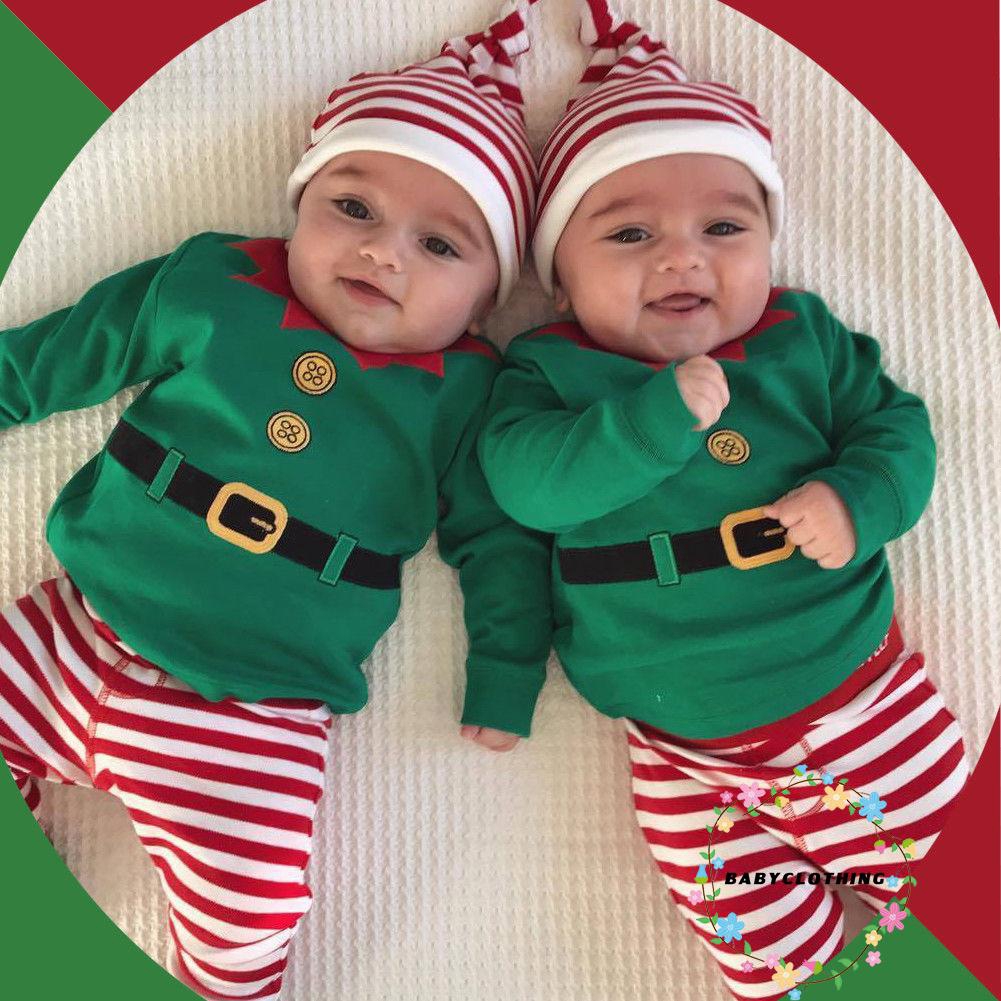 ღWSVღChristmas Newborn Kids Baby Boys Girls Romper Pants Hat Outfits Set Clothes 3Pcs