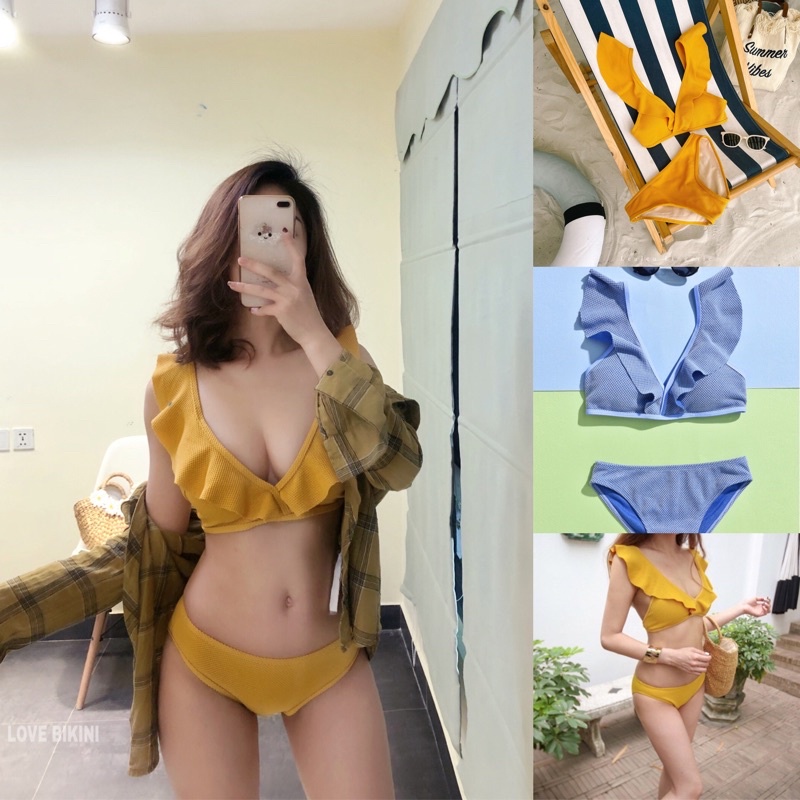 Bikini , đồ bơi nữ hai mảnh bèo nhún màu xanh siêu sexy