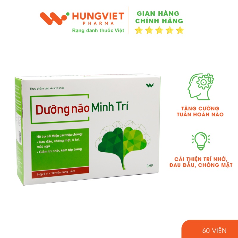 Viên uống Dưỡng não Minh Trí - Tăng cường tuần hoàn não, cải thiện đau đầu, suy giảm trí nhớ HungViet Pharma hộp 60 viên
