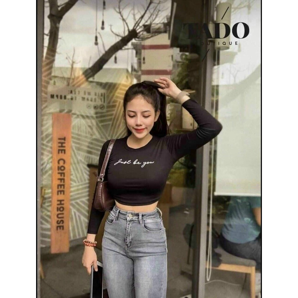 Áo croptop tay dài, thêu chữ just be you, mẫu mới mặc lên dáng cực xinh