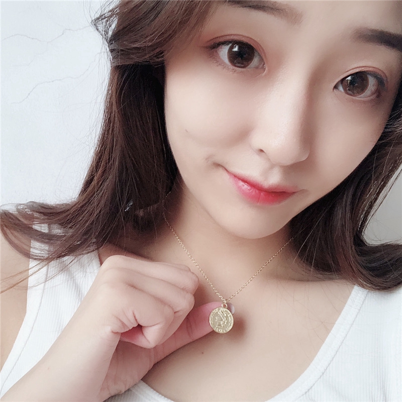 SUXI Dây chuyền mắt xích dáng ngắn mặt đồng xu màu vàng phong cách Hàn Quốc