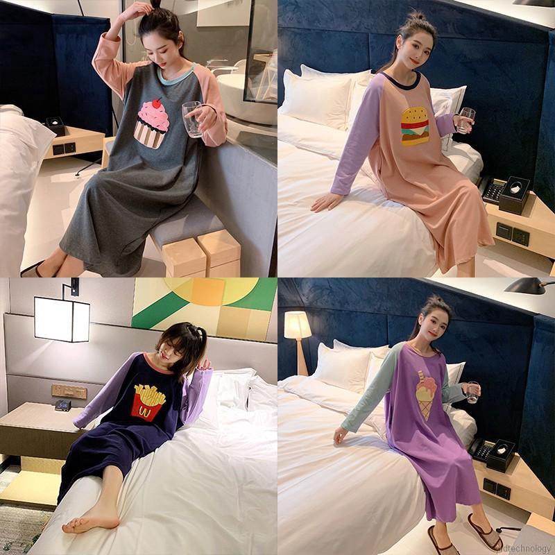 Fashion Stitching Color Cartoon Print Long-sleeved Loose Casual Nightdress