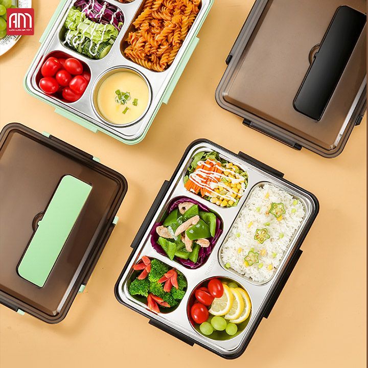 Khay Đựng Cơm Văn Phòng,Khay Cơm Inox 5 Ngăn Có Nắp Đậy Tiện Dụng
