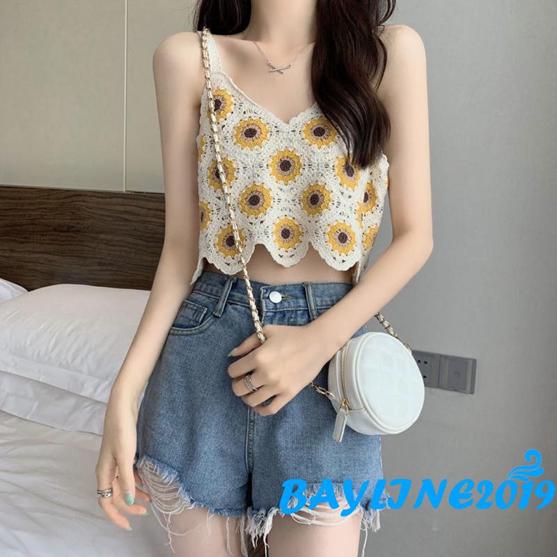 Áo Croptop Dệt Kim Sát Nách Cổ Chữ V Khoét Sâu In Họa Tiết Hoa Hướng Dương Thời Trang Mùa Hè Cho Nữ