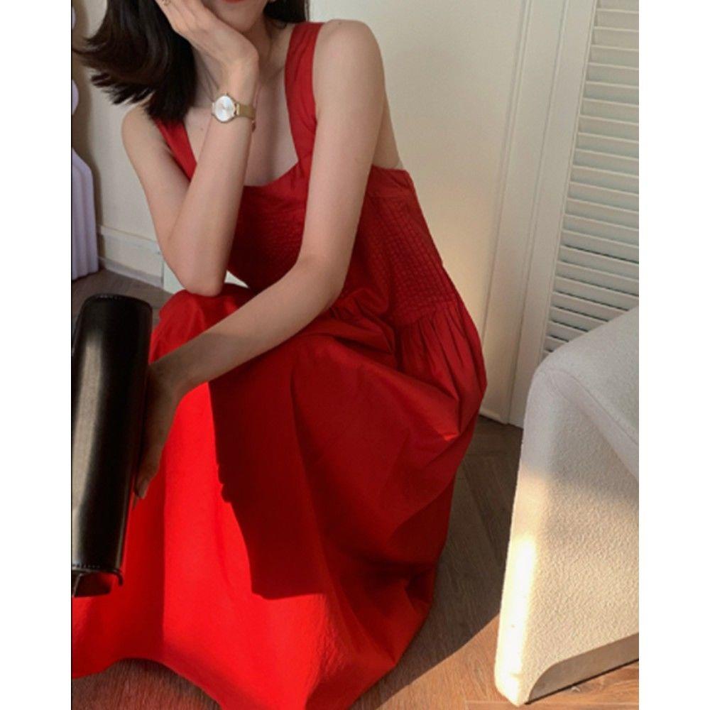 Đầm Dáng Chữ a Hai Dây Hở Lưng Màu Đỏ Phong Cách Pháp 2022 Thời Trang Đường Phố