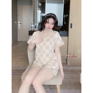 Pijama lụa nữ cộc tay lụa hàn cao cấp, Bộ đùi mặc ở nhà lụa Kanila