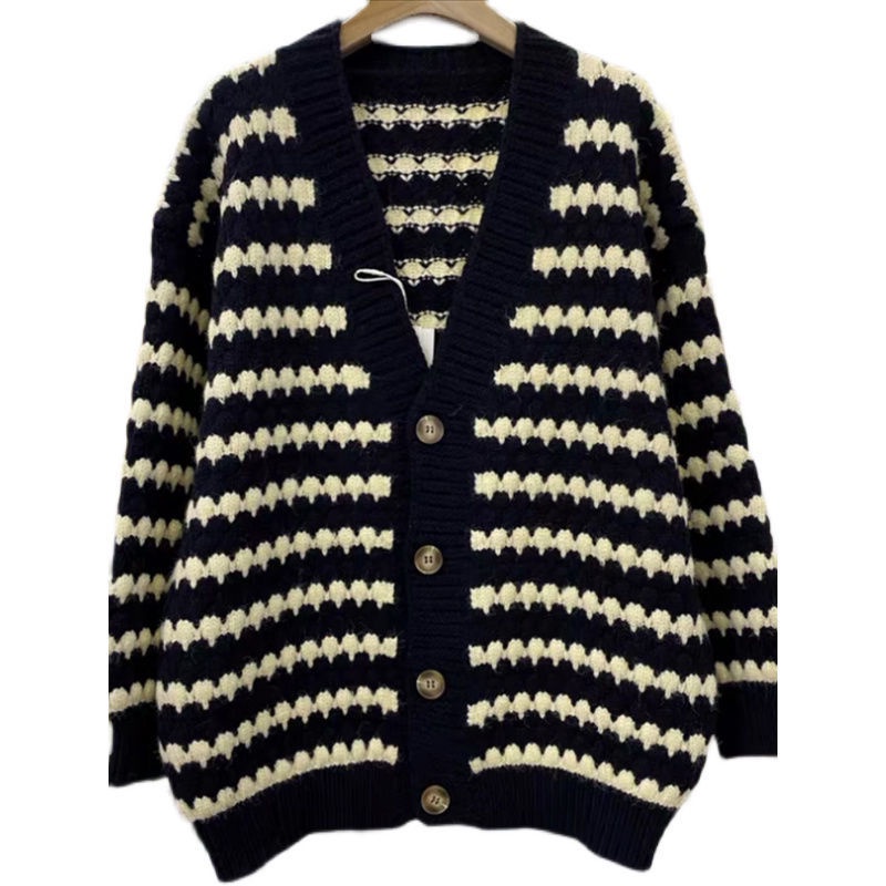 Áo Sweater Tay Dài Màu Sắc Tương Phản Thời Trang 208246 Áo Khoác Dệt Kim Dáng Rộng Kẻ Sọc Kiểu Retro Hàn Quốc
