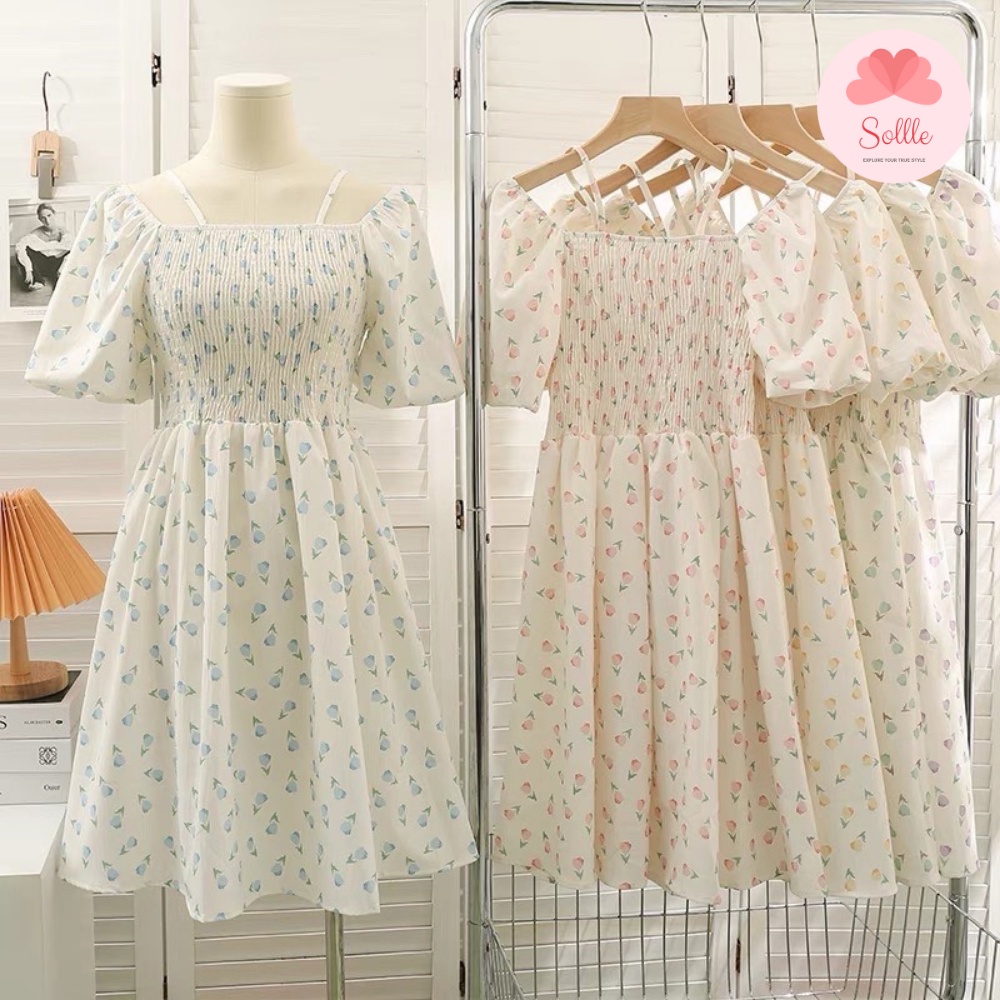 Đầm babydoll váy hoa nhí trễ vai tay bồng chun ngực dáng xòe ulzzang mặc 2 kiểu Hàn Quốc Sollle