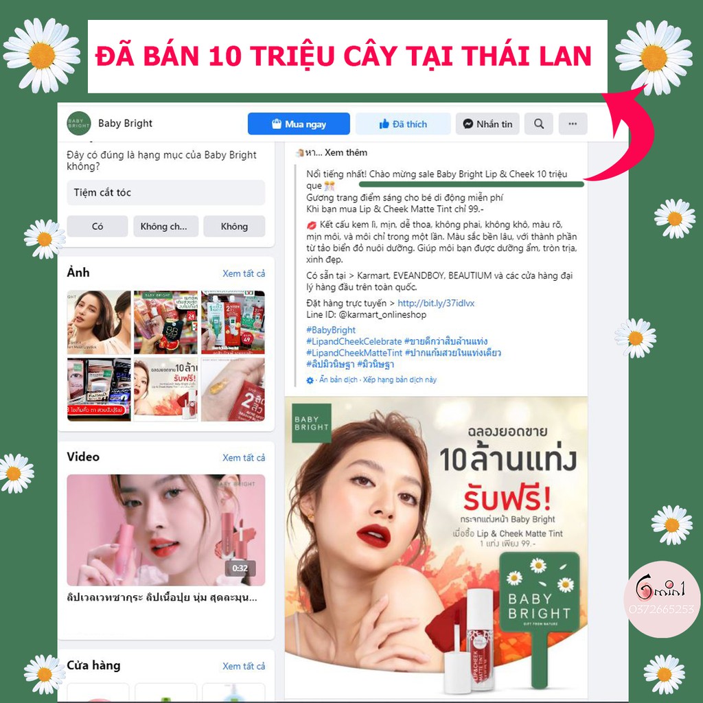 [FULL 20 MÀU] Son Kem Lì BÁN CHẠY NHẤT Thái Lan Baby Bright Lip and Cheek Matte Tint Karmart