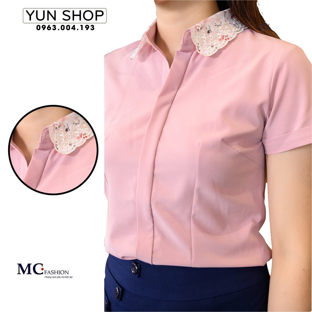 Aó Sơ Mi Nữ, Áo Sơ Mi  Nữ Tay Ngắn Cộc Tay MC Fashion Họa Tiết Cổ Ren Màu Hồng Đỗ A680