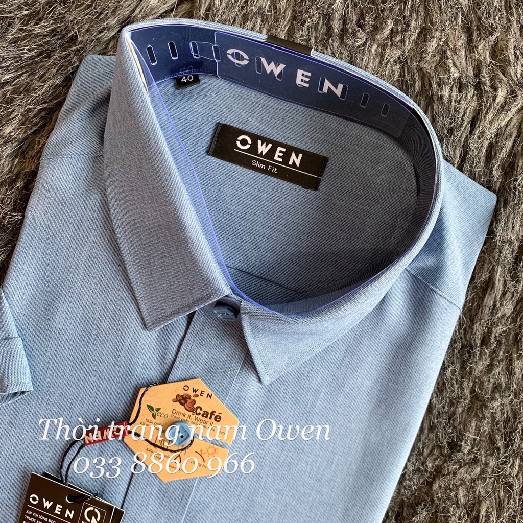 OWEN - Áo sơ mi ngắn tay Owen Slimfit vải sợi cafe màu xanh 23086