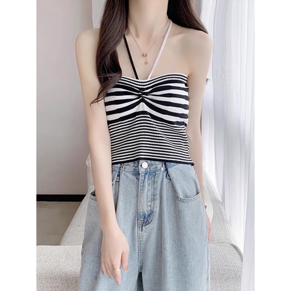 áo quây dây yếm len dệt kim sọc kẻ ngang ô vuông