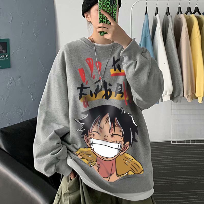 Áo Sweater Dài Tay Cổ Tròn Dáng Rộng 45kg-110kg Họa Tiết Hoạt Hình One Piece Thời Trang Mùa Thu Đông Nhiều Màu