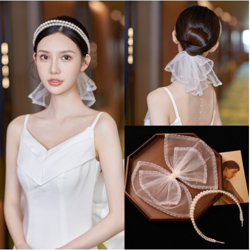 GETNOIVAS Băng Đô Cài Tóc Cô Dâu Đính Nơ Và Ngọc Trai Lớn Mới