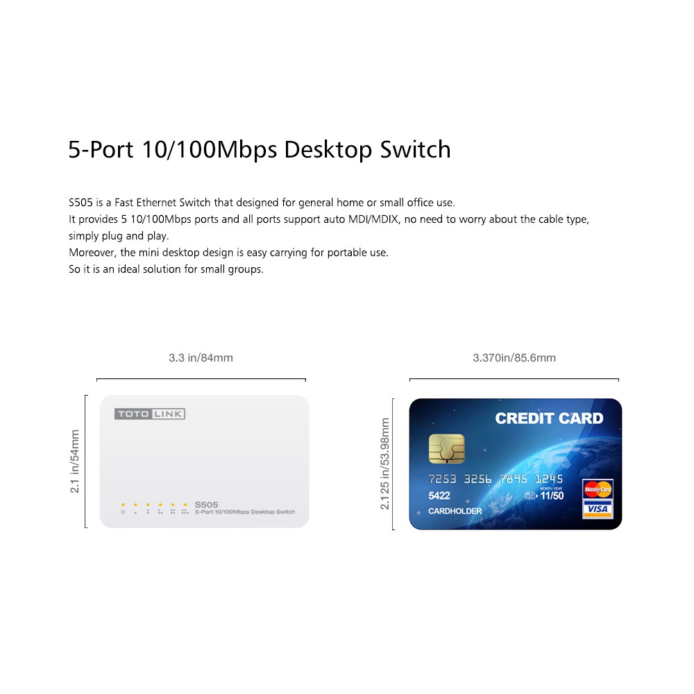 Switch 5 cổng 10/100Mbps TOTOLINK S505 Bộ chia mạng cho máy tính bàn PC Laptop dễ sử dụng Hàng chính hãng