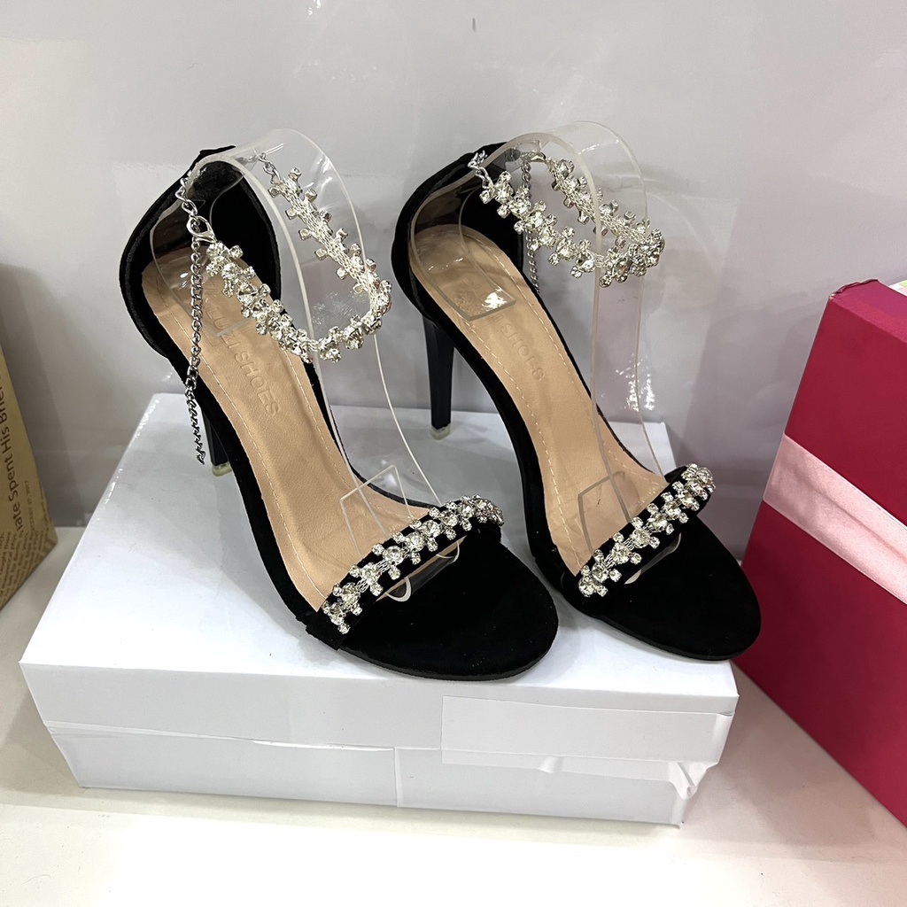 Guốc sandal cao gót quai đính đá gót nhọn cao 9cm thời trang chất da lộn mã HD01