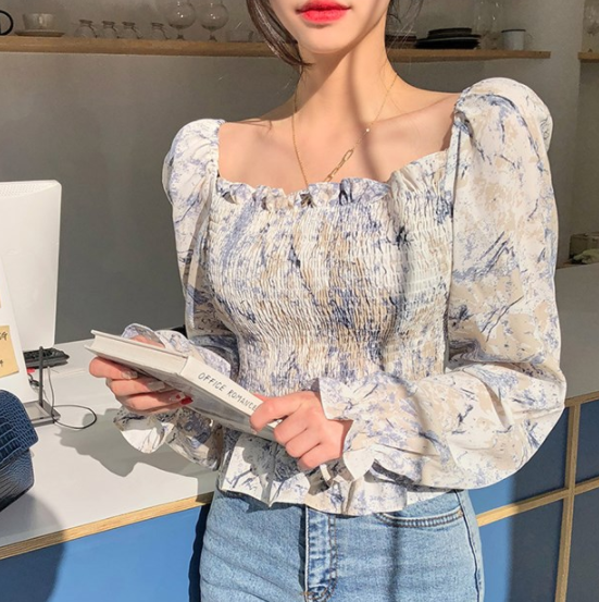 Korean style one-line collar fold design floral long-sleeved shirt women | BigBuy360 - bigbuy360.vn