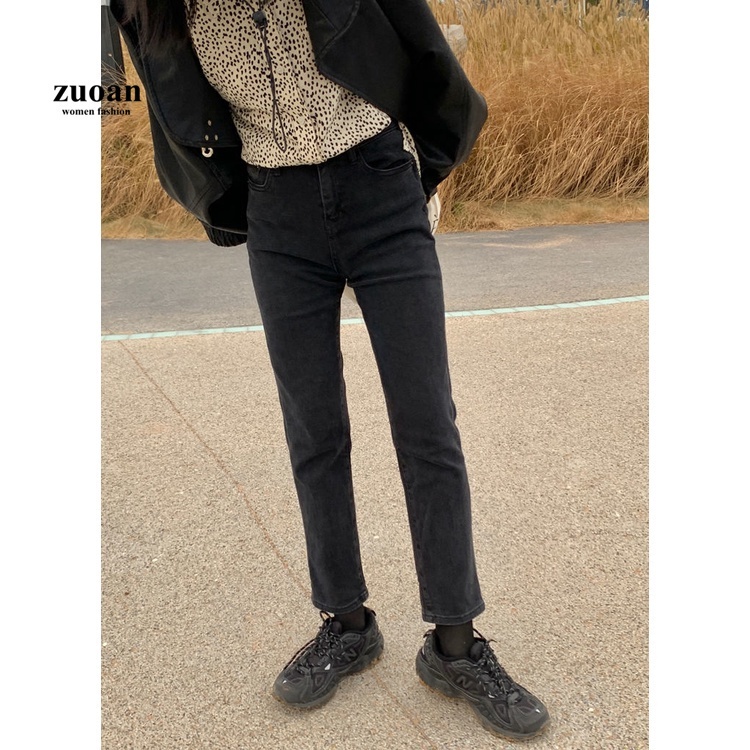 SUXI Quần jean dài lưng cao ống rộng màu đen phong cách Hàn Quốc trẻ trung hợp thời trang