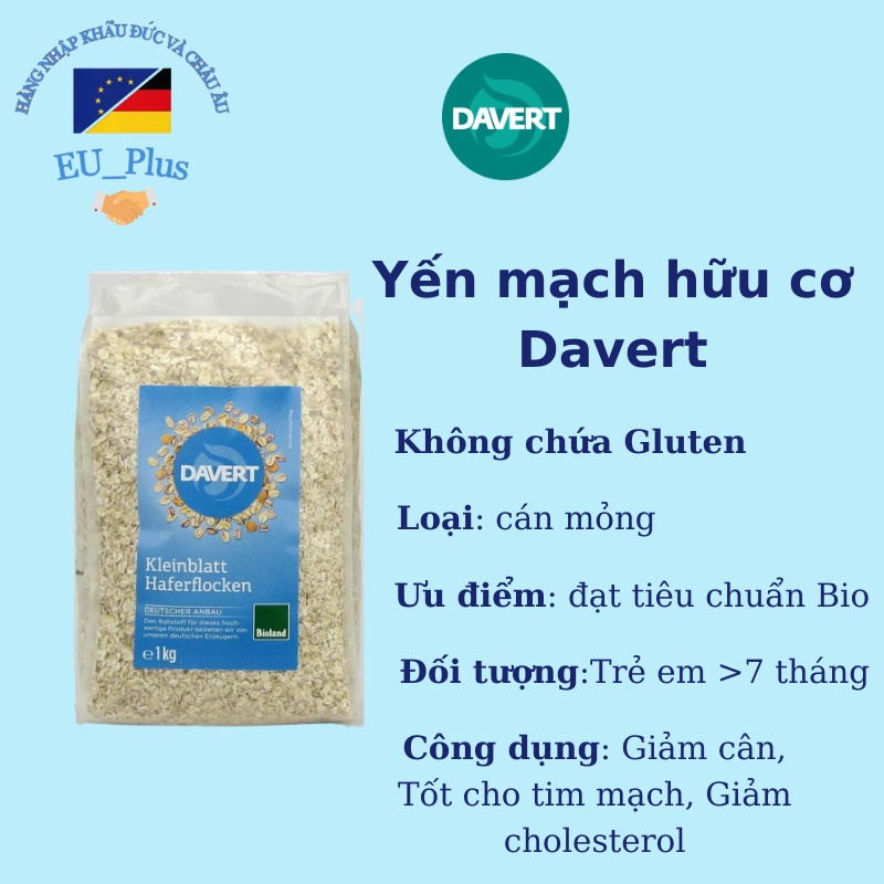 Yến mạch hữu cơ cán mỏng Davert 1kg Đức