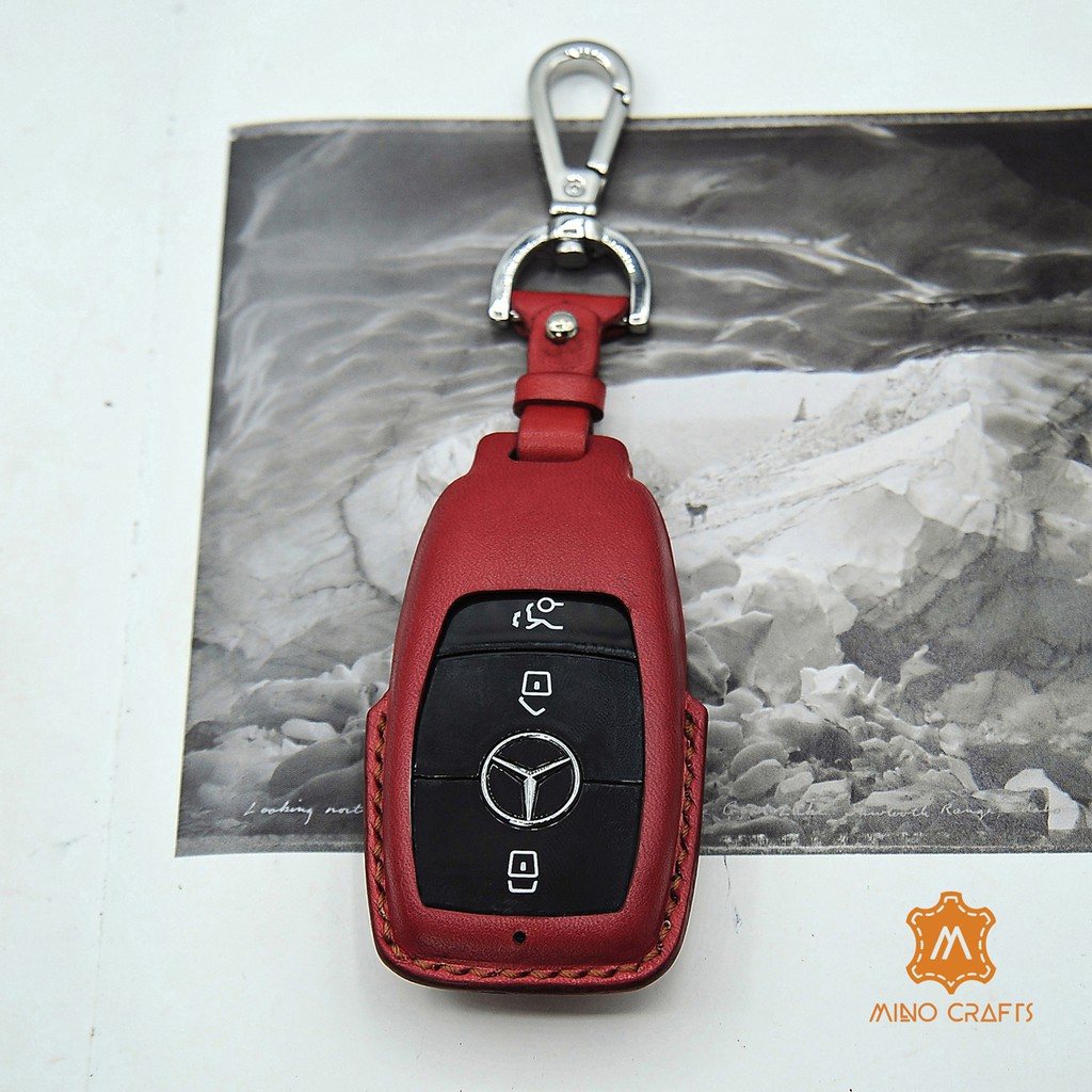 Bao chìa khóa xe MER cao cấp- Màu đỏ đô-Da Bò- Handmade- Nhận khắc laze miễn phí