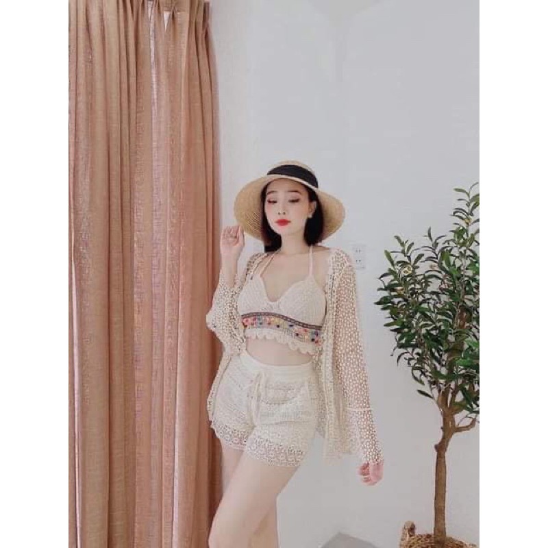 set biển - set 3 món - bra sóng mix ngọc + quần ren hoạ tiết đồng xu + choàng ren hạt gạo tay loe (có tách rời)