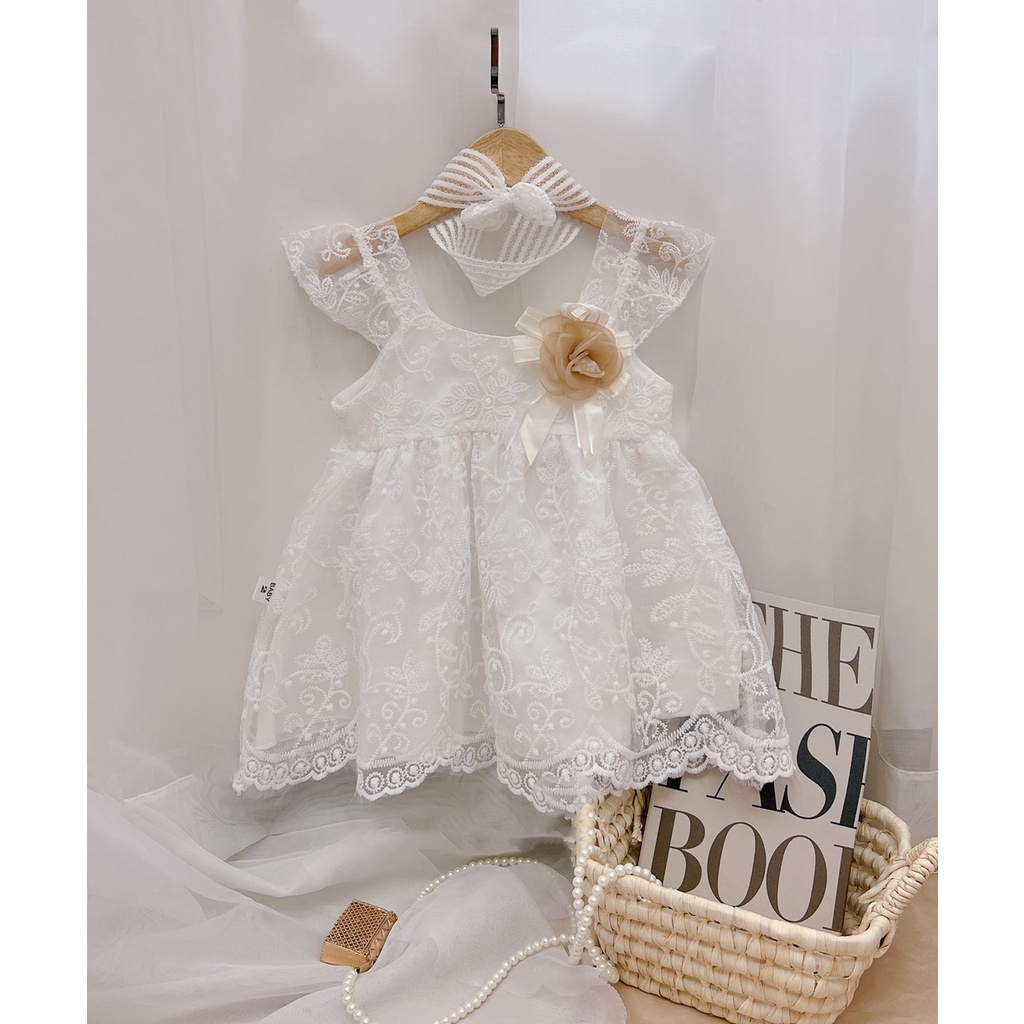 Váy công chúa bé gái, váy ren Hàn cao cấp có lớp lót lụa mềm bên trong kèm turban cho bé