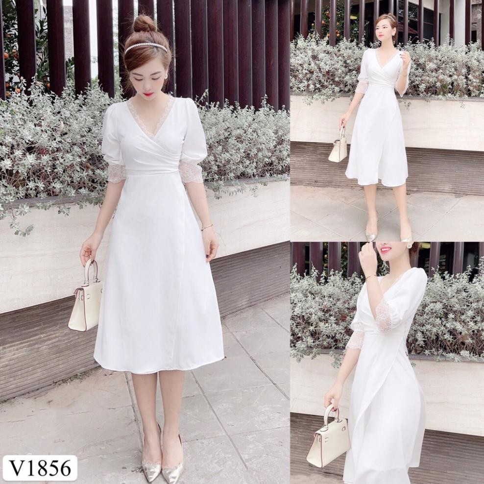 Váy trắng viền ren xẻ tà V1856 - Váy dvc (Kèm ảnh thật trải sàn do shop tự chụp) chính hãng