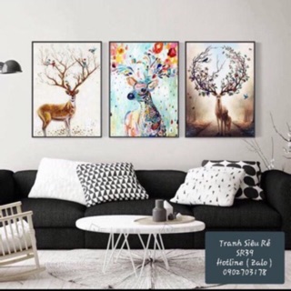 [ Giá sốc ]  Bộ 3 tranh canvas hươu tuần lộc may mắn 30cm x 40cm khung viền đen mỏng