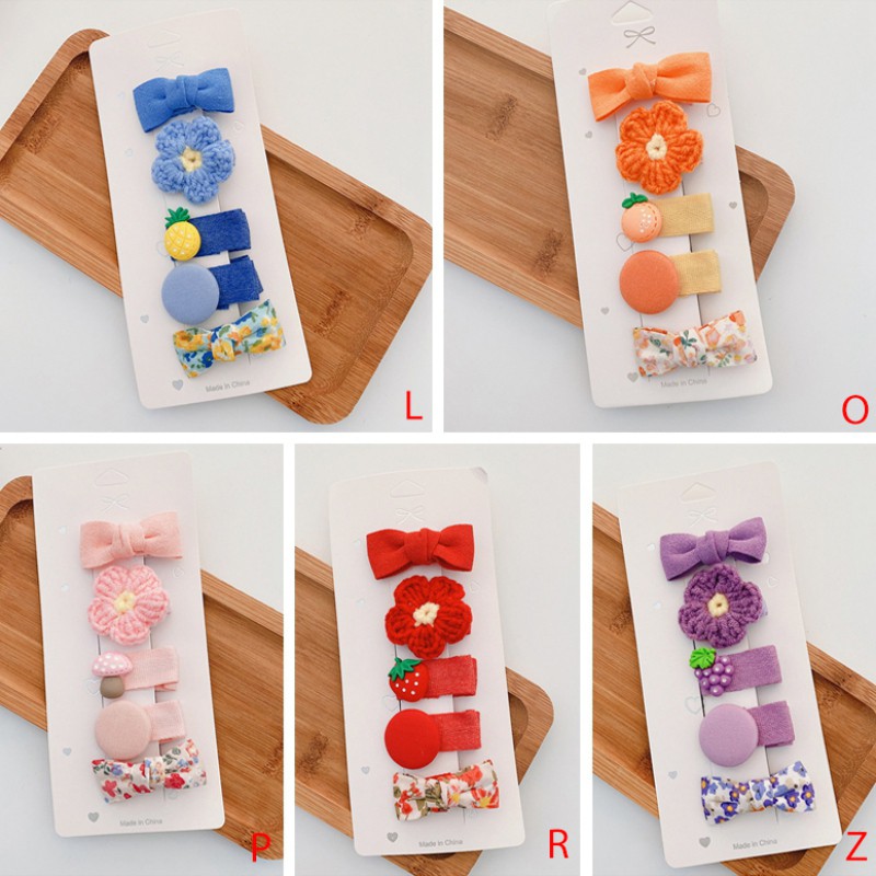 Set 5 kẹp tóc dệt kim họa tiết hoa hoạt hình dễ thương cho bé gái