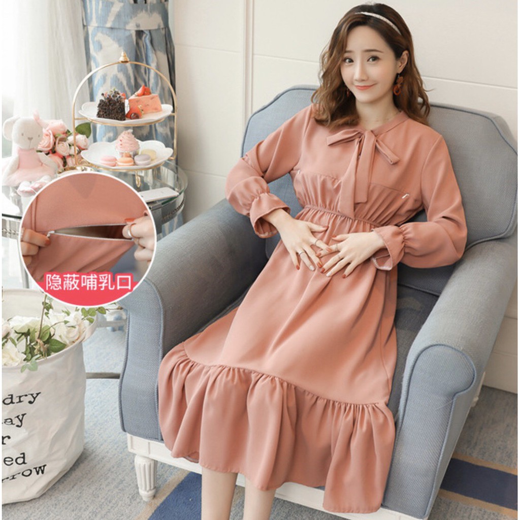 Váy bầu phối buộc nơ cổ có khóa mở sau sinh cho bé ti w101