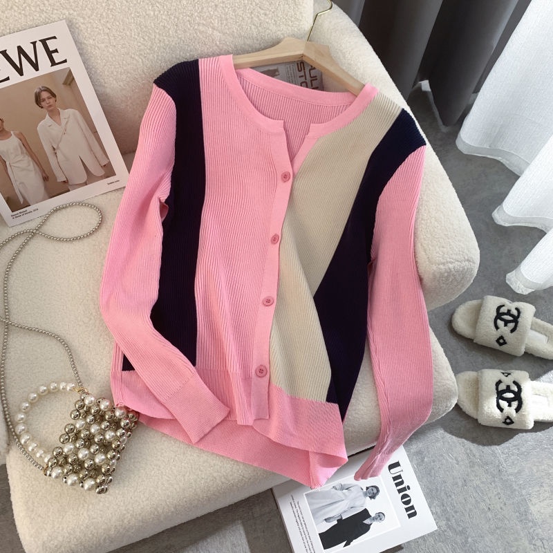 Áo Khoác Cardigan Len Dệt Kim Dáng Ngắn Màu Tương Phản Phong Cách Phương Tây Thời Trang Mùa Thu