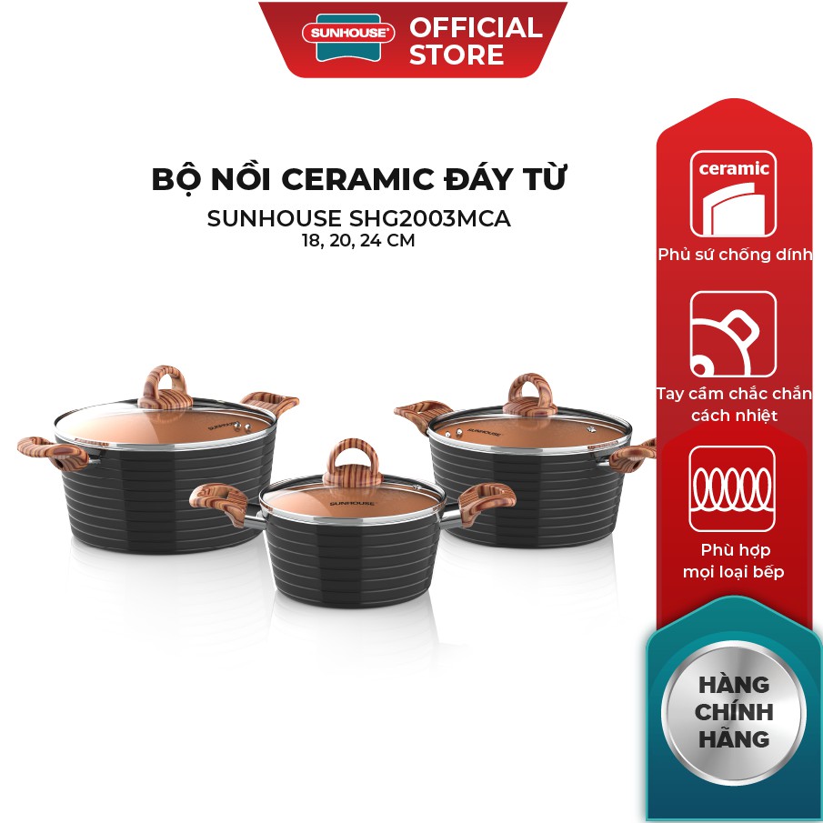 Bộ Nồi Ceramic SUNHOUSE Đáy Từ 18, 20, 14cm SHG2003MCA